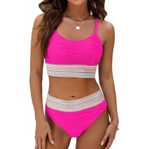 imageBlooming Jelly Womens High Waisted Bikini Sets Two Piece Swimsuit Scoop Neck Textured High Cut Bathing SuitsHot Pink