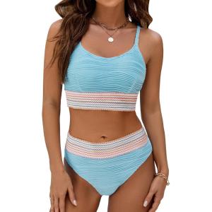 imageBlooming Jelly Womens High Waisted Bikini Sets Two Piece Swimsuit Scoop Neck Textured High Cut Bathing SuitsLight Blue