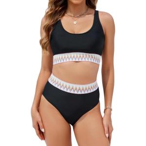 imageBlooming Jelly Womens High Waisted Bikini Sets Two Piece Swimsuit Scoop Neck Textured High Cut Bathing SuitsNylon Black