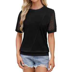 imageBlooming Jelly Womens Lace Short Sleeve Shirts Dressy Business Casual Summer Tops Ladies Pleated Spring Blouses 2025Black