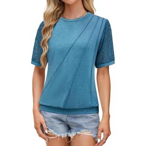 imageBlooming Jelly Womens Lace Short Sleeve Shirts Dressy Business Casual Summer Tops Ladies Pleated Spring Blouses 2025Blue Green