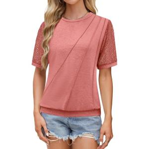 imageBlooming Jelly Womens Lace Short Sleeve Shirts Dressy Business Casual Summer Tops Ladies Pleated Spring Blouses 2025Coral
