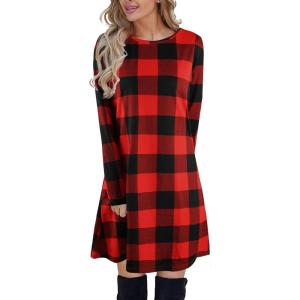 imageBlooming Jelly Womens Plaid Swing Dress Long Sleeve Round Neck Tunic Mini DressBlack and Red