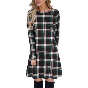 imageBlooming Jelly Womens Plaid Swing Dress Long Sleeve Round Neck Tunic Mini DressDark Green