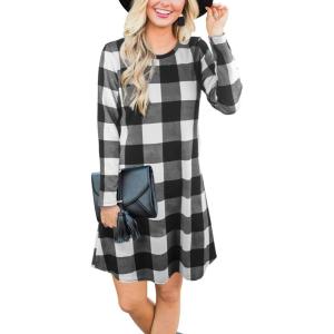 imageBlooming Jelly Womens Plaid Swing Dress Long Sleeve Round Neck Tunic Mini DressPlaid