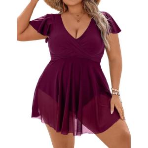 imageBlooming Jelly Womens Plus Size Swimsuit One Piece Tummy Control Bathing Suit Modest Curvy Cute Swim Dress Ladies SwimwearBurgundy