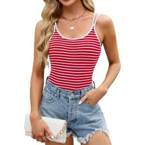 imageBlooming Jelly Women Ribbed Tank Top with Built in Bra Sleeveless Camisole Tops Y2K Spring Summer Cami 2025Red Striped