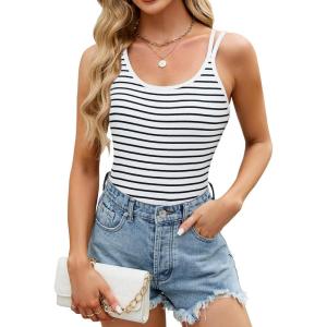 imageBlooming Jelly Women Ribbed Tank Top with Built in Bra Sleeveless Camisole Tops Y2K Spring Summer Cami 2025White Striped