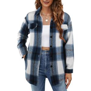 imageBlooming Jelly Womens Flannel Plaid Shirts Button Down Long Sleeve Fall Shackets Jackets 2025 with PocketsBlue