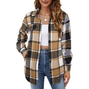 imageBlooming Jelly Womens Flannel Plaid Shirts Button Down Long Sleeve Fall Shackets Jackets 2025 with PocketsBrown
