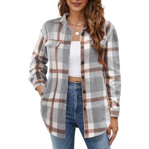 imageBlooming Jelly Womens Flannel Plaid Shirts Button Down Long Sleeve Fall Shackets Jackets 2025 with PocketsGrey Brown