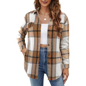 imageBlooming Jelly Womens Flannel Plaid Shirts Button Down Long Sleeve Fall Shackets Jackets 2025 with PocketsKhaki