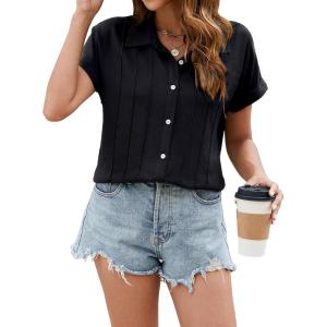 imageBlooming Jelly Womens Linen Button Down Shirts Business Dressy Casual Tops Short Sleeve Pleated Blouses 2024 Summer OutfitsBlack