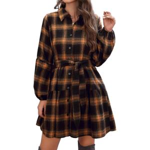 imageBlooming Jelly Womens Plaid Dresses Flannel Babydoll Dress Casual Tunic Dress Long Sleeve Fall Dresses with PocketsBrown Plaid