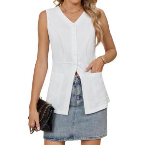 imageBlooming Jelly Womens Summer Tank Tops Button Down Sleeveless Vest Dressy Casual Blouses Business V Neck OutfitsWhite