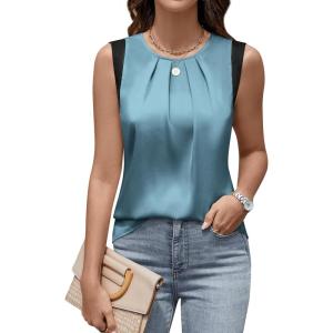 imageBlooming Jelly Womens Summer Tank Tops Color Block Business Casual Outfits Satin Silk Sleeveless Shirts 2025Turquoise