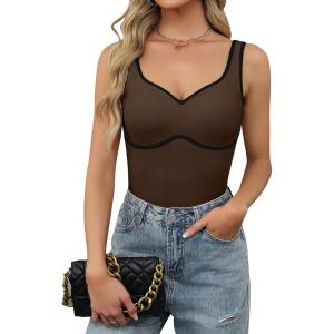 imageBlooming Jelly Womens Sweetheart Neck Tank Tops Sleeveless Built in Bra Ribbed Shirts Color Block Summer OutfitsBrown