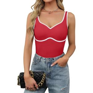imageBlooming Jelly Womens Sweetheart Neck Tank Tops Sleeveless Built in Bra Ribbed Shirts Color Block Summer OutfitsRed