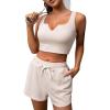 imageBlooming Jelly Womens Two Piece Lounge Sets 2 Piece Shorts Outfits Sets Sleeveless Crop Tank and Shorts SweatsuitsBeige