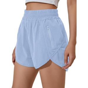 imageBlooming Jelly Womens High Waisted Running Shorts Athletic Workout Shorts Quick Dry Pants with Zipper PocketSky Blue