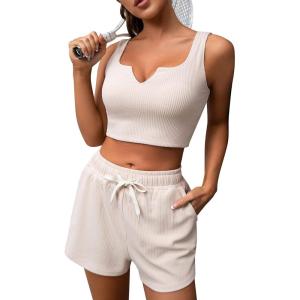imageBlooming Jelly Womens Two Piece Lounge Sets 2 Piece Shorts Outfits Sets Sleeveless Crop Tank and Shorts SweatsuitsBeige