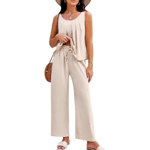 imageBlooming Jelly Womens Two Piece Sets Lounge Holiday Outfits Linen Matching Sets Clothing Dressy Jumpsuits with PantsApricot