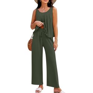 imageBlooming Jelly Womens Two Piece Sets Lounge Holiday Outfits Linen Matching Sets Clothing Dressy Jumpsuits with PantsArmy Green