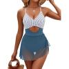 imageBlooming Jelly Women One Piece Swim Dress Tummy Control Bathing Suits Gold Metal V Neck Swimsuits Tie Back Mesh SwimwearBlue Striped