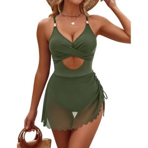 imageBlooming Jelly Women One Piece Swim Dress Tummy Control Bathing Suits Gold Metal V Neck Swimsuits Tie Back Mesh SwimwearArmy Green