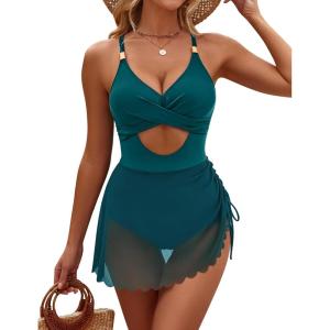 imageBlooming Jelly Women One Piece Swim Dress Tummy Control Bathing Suits Gold Metal V Neck Swimsuits Tie Back Mesh SwimwearBlue Green