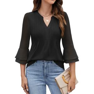 imageBlooming Jelly Womens Dressy Casual Blouses 34 Length Sleeve Tops Business Work Outfits Summer V Neck Pleated ShirtsBlack