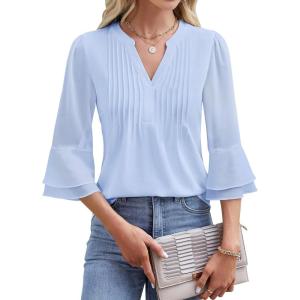 imageBlooming Jelly Womens Dressy Casual Blouses 34 Length Sleeve Tops Business Work Outfits Summer V Neck Pleated ShirtsLight Blue