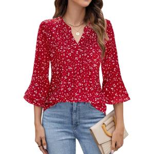 imageBlooming Jelly Womens Dressy Casual Blouses 34 Length Sleeve Tops Business Work Outfits Summer V Neck Pleated ShirtsSpotted Red