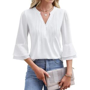 imageBlooming Jelly Womens Dressy Casual Blouses 34 Length Sleeve Tops Business Work Outfits Summer V Neck Pleated ShirtsWhite