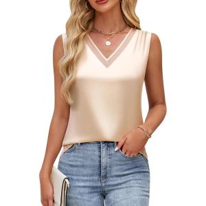 imageBlooming Jelly Womens Silk Business Dressy Casual Tank Tops Mesh V Neck Sleeveless Summer Blouse Work Pleated OutfitsBeige