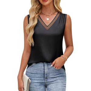 imageBlooming Jelly Womens Silk Business Dressy Casual Tank Tops Mesh V Neck Sleeveless Summer Blouse Work Pleated OutfitsBlack