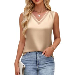 imageBlooming Jelly Womens Silk Business Dressy Casual Tank Tops Mesh V Neck Sleeveless Summer Blouse Work Pleated OutfitsKhaki