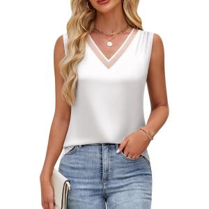 imageBlooming Jelly Womens Silk Business Dressy Casual Tank Tops Mesh V Neck Sleeveless Summer Blouse Work Pleated OutfitsWhite